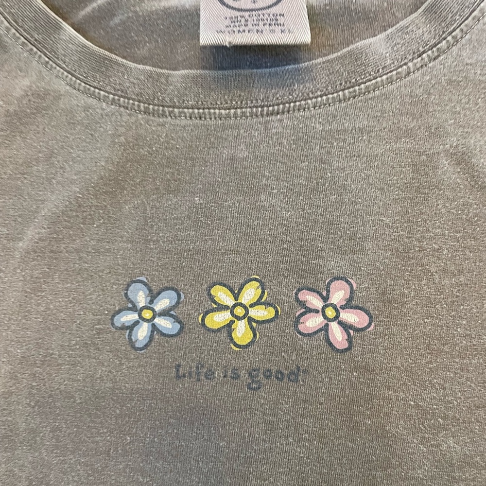 Life Is Good Women’s Tee - brownish grey with Floral Accents 100% cotton